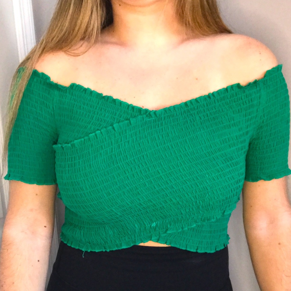 Forever 21 Green Ruched Off the Shoulder Crop Top